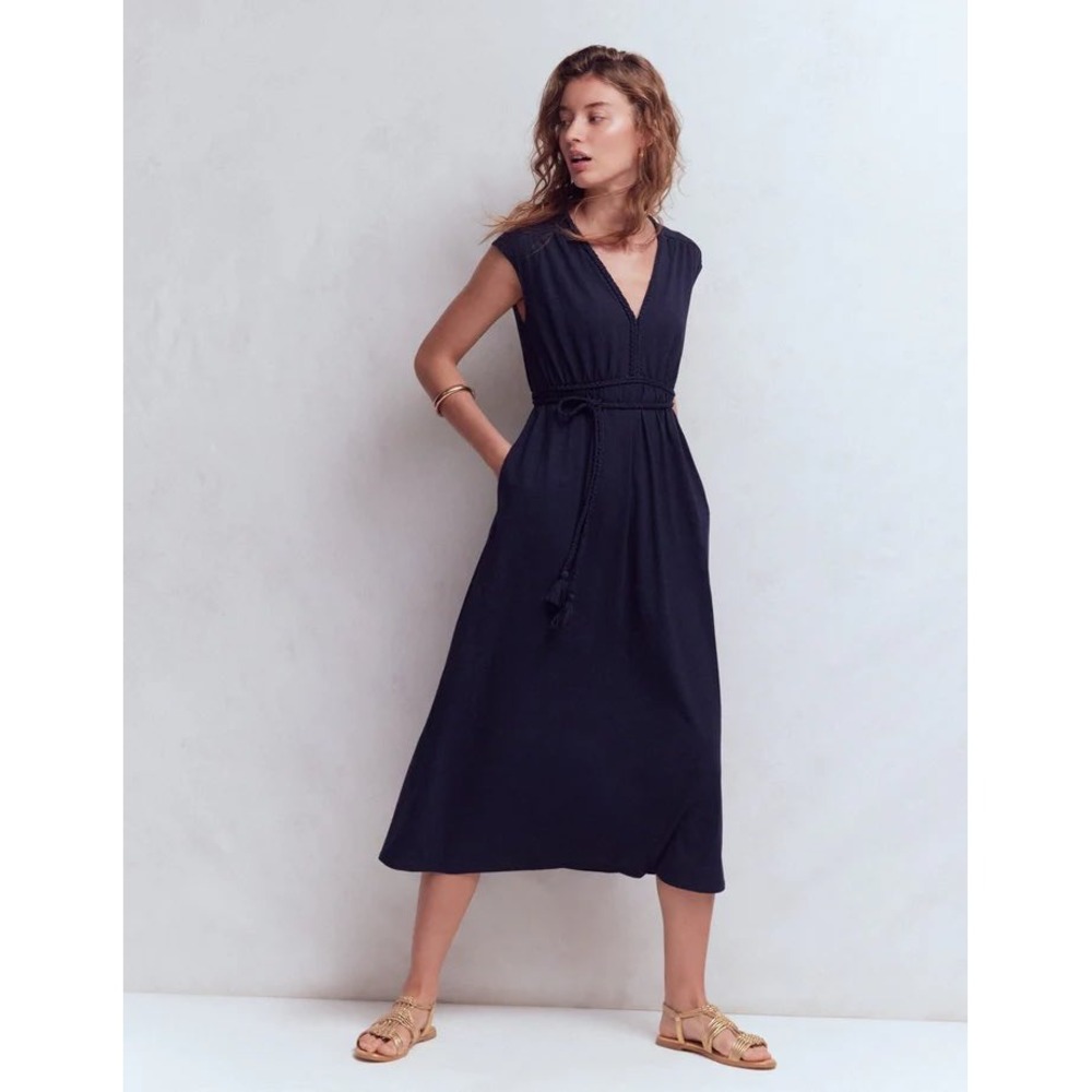 Boden Heidi Ruched Roped Jersey Dress Navy Blue 8 Regular New With Tags